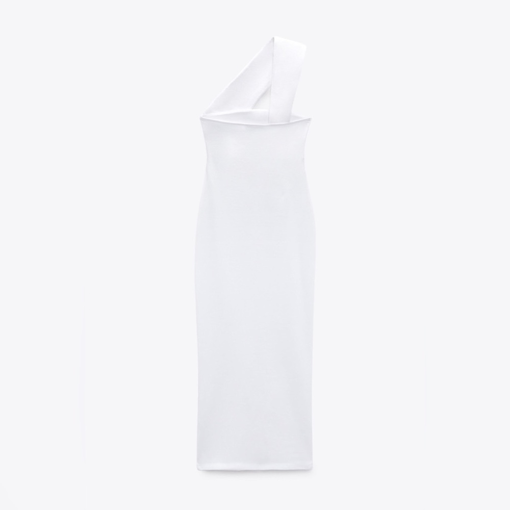 Zara white midi dress cropped one shoulder ribbed cotton fitted bodycon - Picture 15 of 16